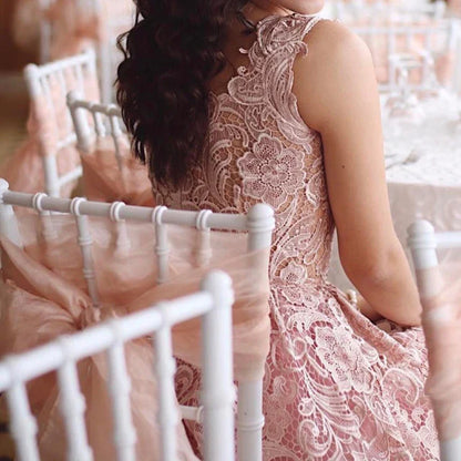 A-Line Lace Tea Length Sleeveless Prom Dress