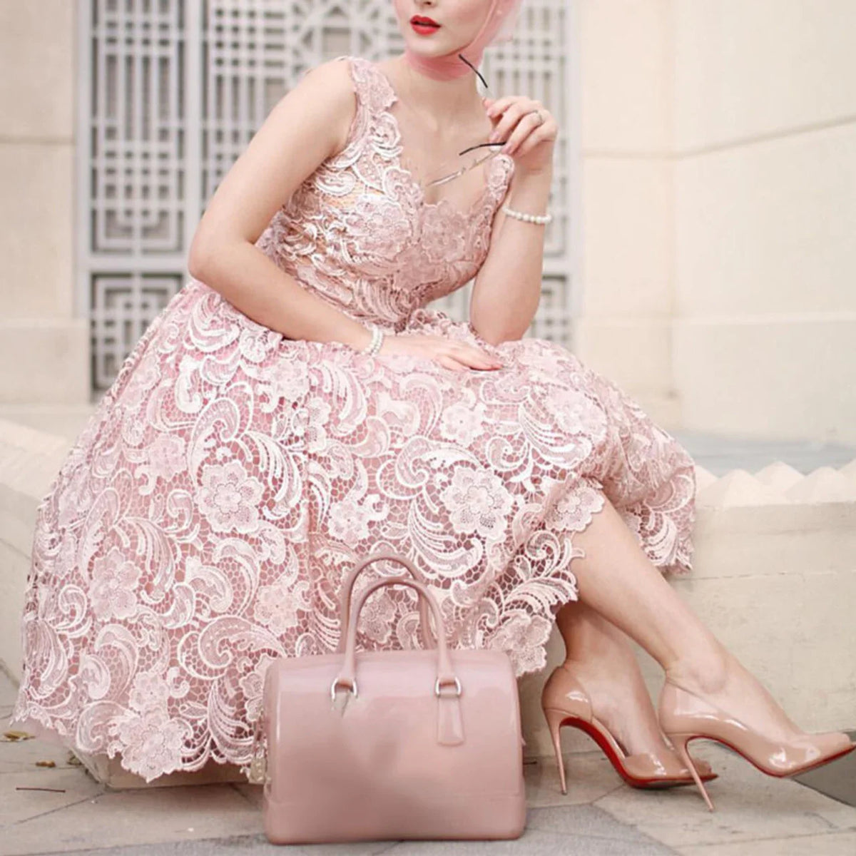 A-Line Lace Tea Length Sleeveless Prom Dress
