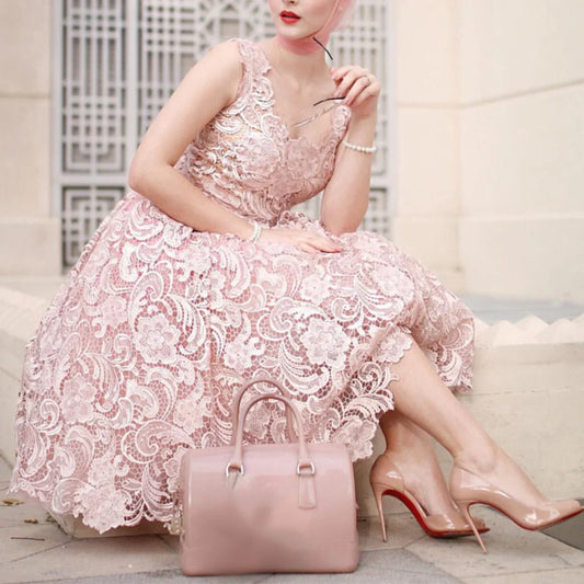 A-Line Lace Tea Length Sleeveless Prom Dress