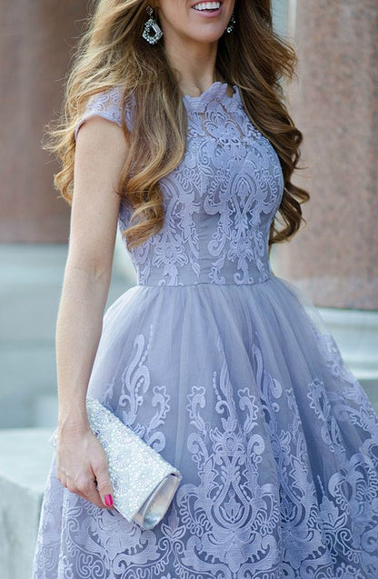 A-Line Lace Tea Length Homecoming Prom Dress