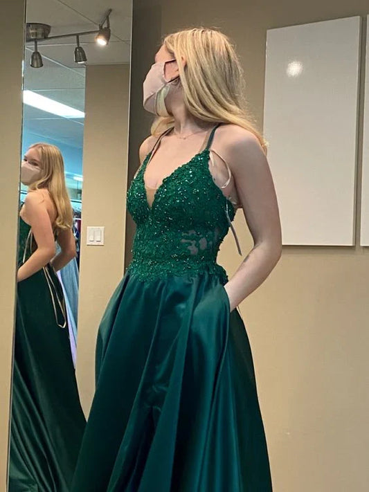 A-line Satin Spaghetti Straps Formal Prom Dresses ﻿