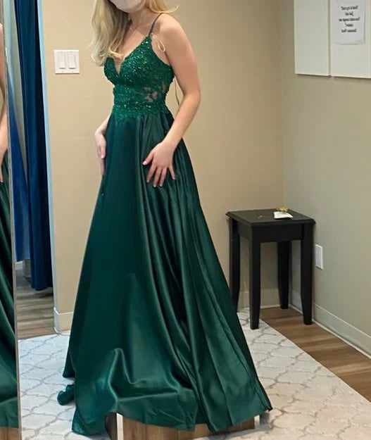 A-line Satin Spaghetti Straps Formal Prom Dresses ﻿