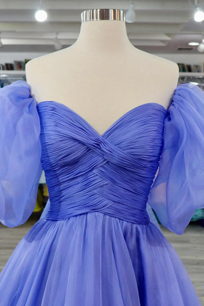 A-line Off-Shoulder Puff Sleeves Pleated Tulle Prom Dress