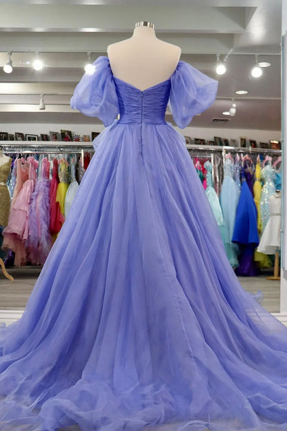 A-line Off-Shoulder Puff Sleeves Pleated Tulle Prom Dress