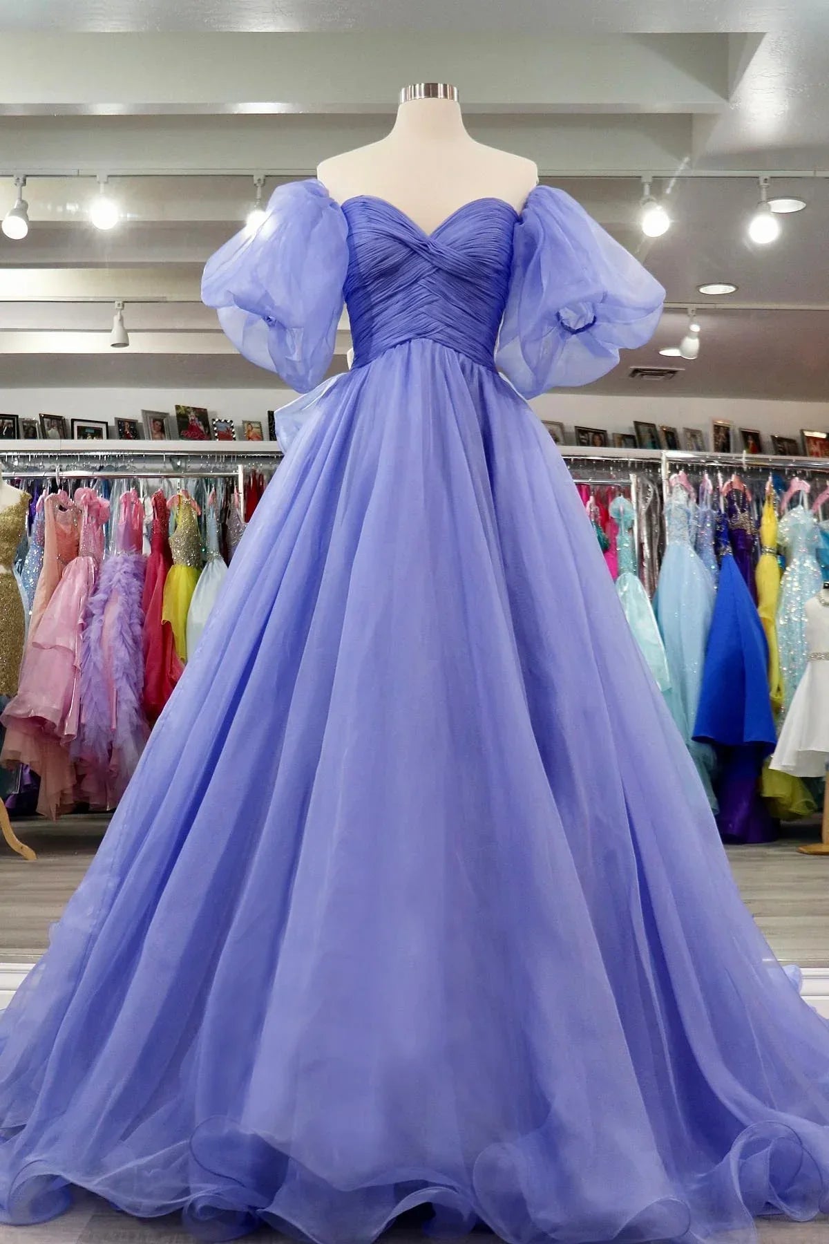 A-line Off-Shoulder Puff Sleeves Pleated Tulle Prom Dress