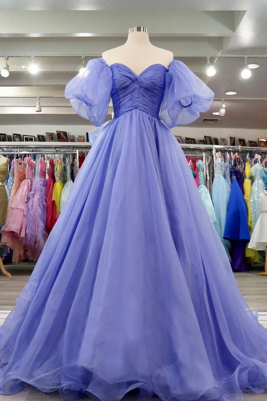 A-line Off-Shoulder Puff Sleeves Pleated Tulle Prom Dress