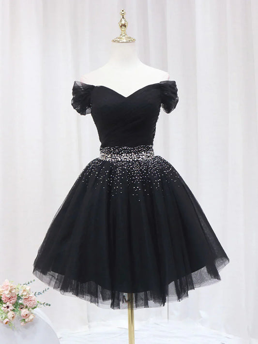Off Shoulder Tulle Sequin Short Prom Dress