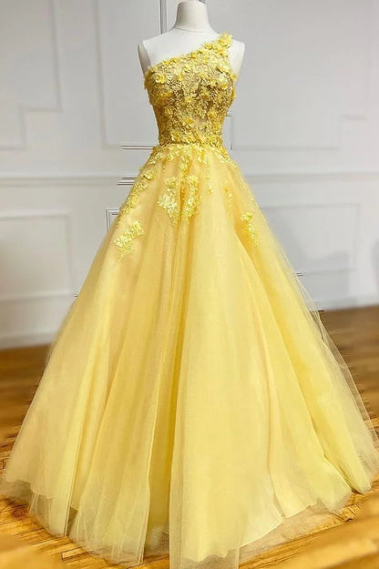 A-Line Tulle Long Lace One Shoulder Evening Prom Dress