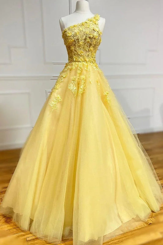 A-Line Tulle Long Lace One Shoulder Evening Prom Dress