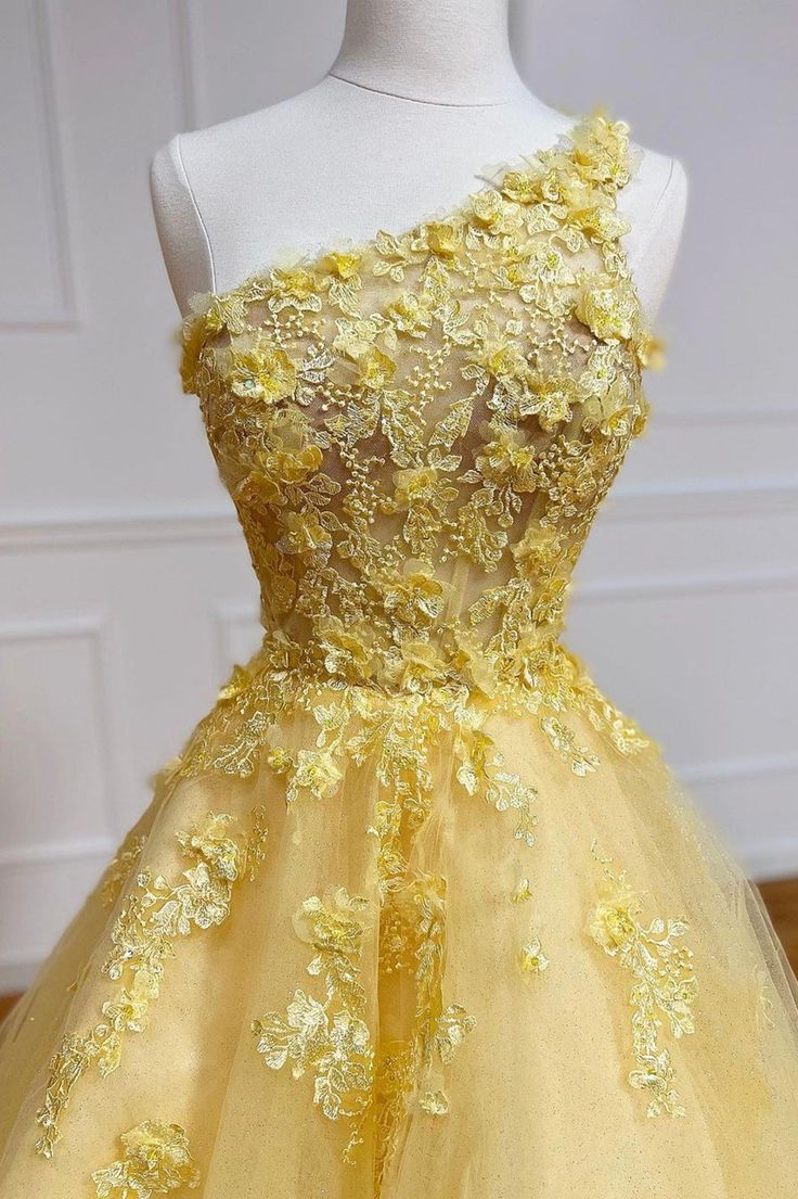 A-Line Tulle Long Lace One Shoulder Evening Prom Dress