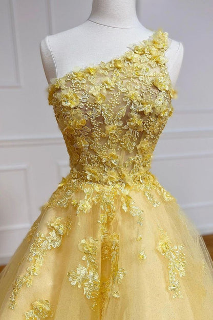 A-Line Tulle Long Lace One Shoulder Evening Prom Dress