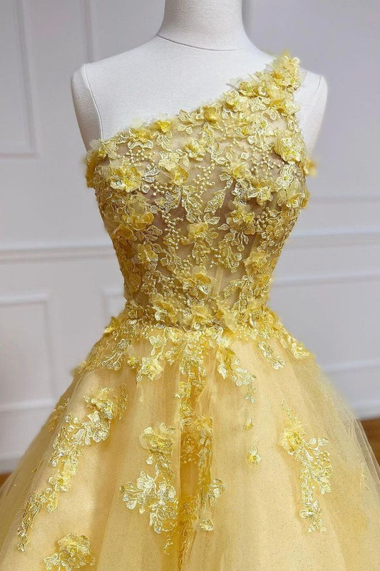 A-Line Tulle Long Lace One Shoulder Evening Prom Dress
