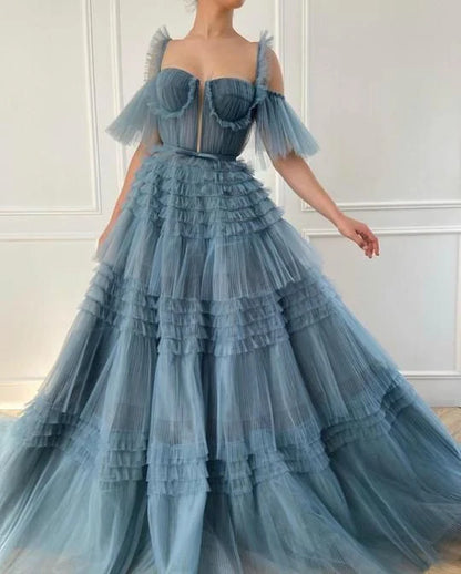 A-line Floor Length Tulle Ruffled Tiered Multi Layer Prom Dress