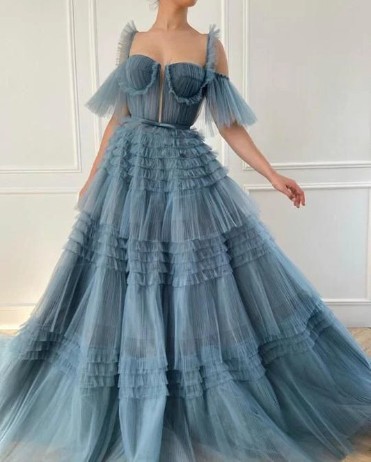 A-line Floor Length Tulle Ruffled Tiered Multi Layer Prom Dress