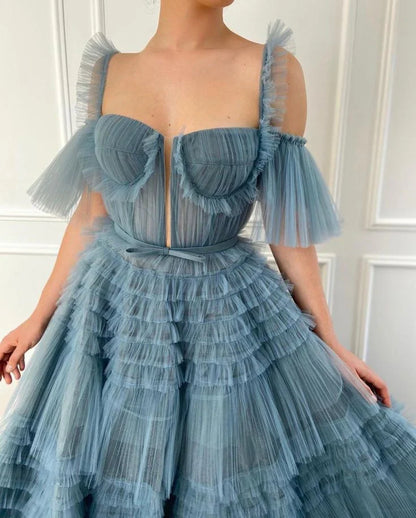 A-line Floor Length Tulle Ruffled Tiered Multi Layer Prom Dress