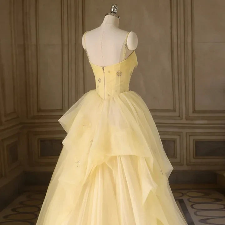 A-line Spaghetti Straps Tulle Long Party Prom Dress