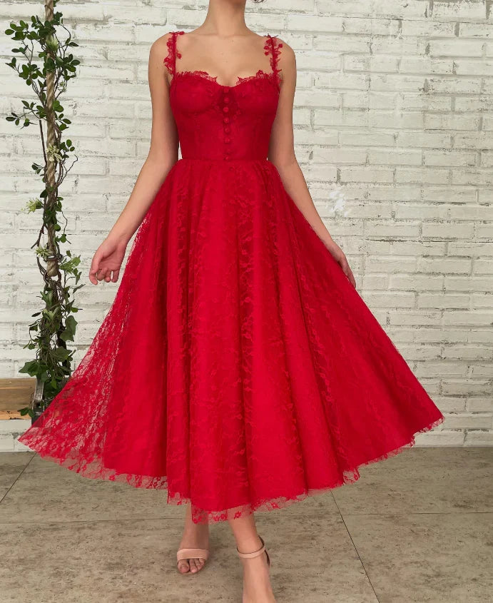 A-line Spaghetti Straps Lace Party Tulle Sweet Prom Dress