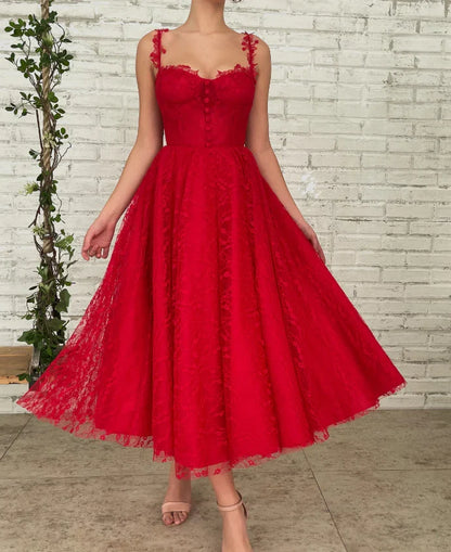 A-line Spaghetti Straps Lace Party Tulle Sweet Prom Dress