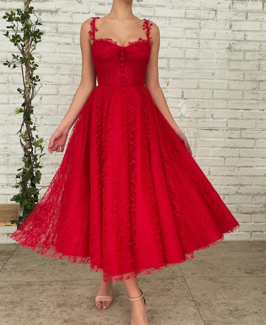 A-line Spaghetti Straps Lace Party Tulle Sweet Prom Dress