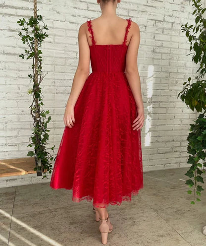 A-line Spaghetti Straps Lace Party Tulle Sweet Prom Dress