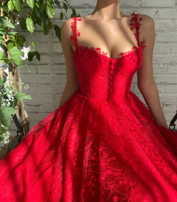A-line Spaghetti Straps Lace Party Tulle Sweet Prom Dress
