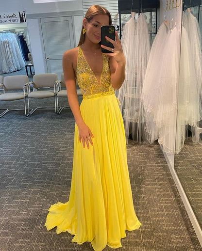 A-line V Neck Straps Split Chiffon Prom Dresses with Beading