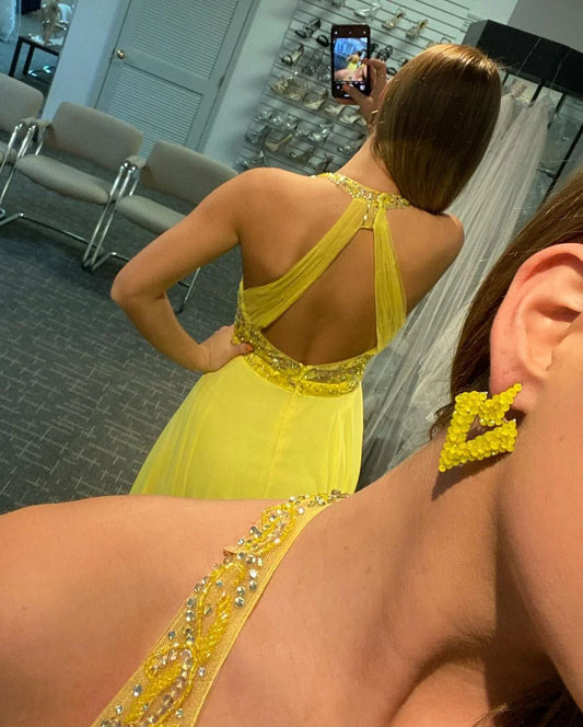 A-line V Neck Straps Split Chiffon Prom Dresses with Beading