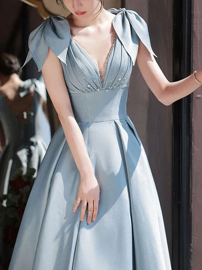 V Neck Satin Beads Long Prom Dress