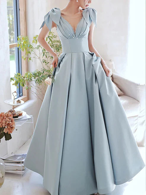V Neck Satin Beads Long Prom Dress