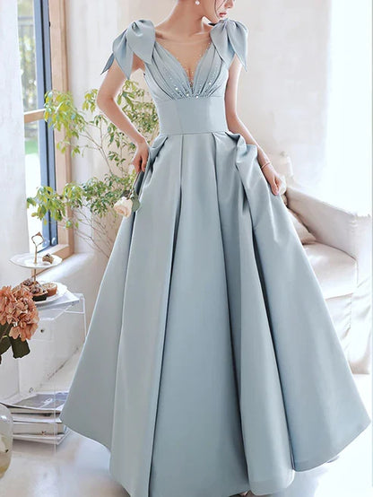 V Neck Satin Beads Long Prom Dress