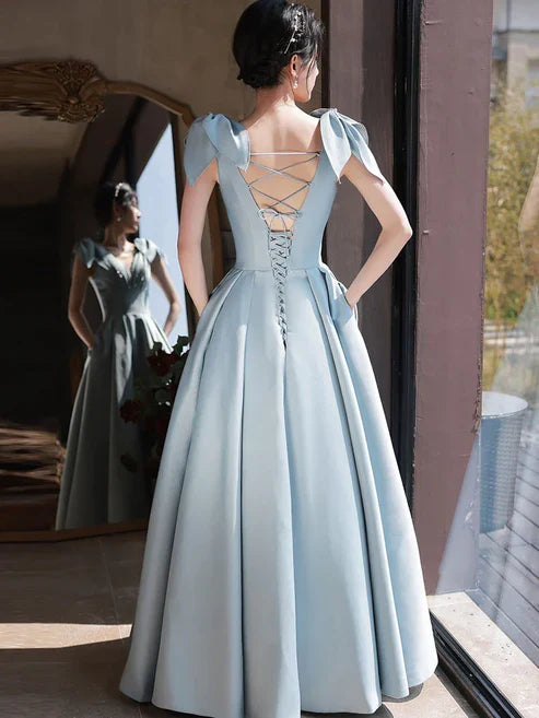 V Neck Satin Beads Long Prom Dress