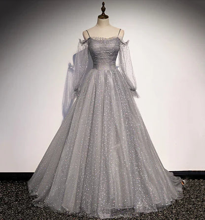 A-line Tulle Sequins Long Prom Dress
