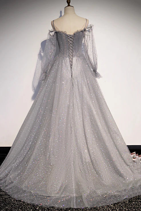 A-line Tulle Sequins Long Prom Dress