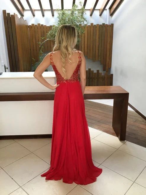 A-line Deep V Neck Straps Sleeveless Chiffon Prom Dress