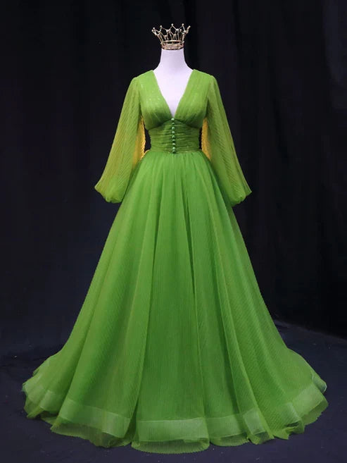 A-line V Neck Tulle Floor Length Long Sleeves Prom Dresses