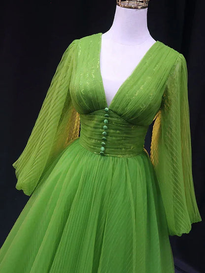 A-line V Neck Tulle Floor Length Long Sleeves Prom Dresses