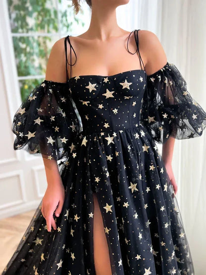 A-line Tulle Spaghetti Straps Prom Dress With Slit