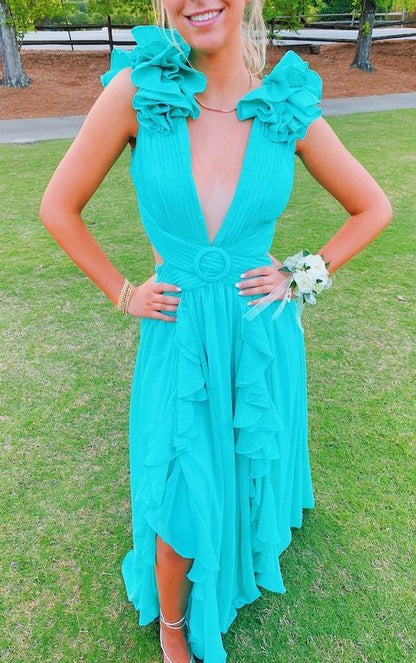 A-line Deep V Neck Backless Lace-Up Prom Dress