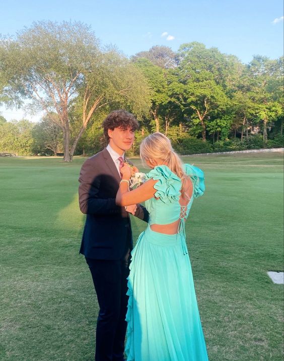 A-line Deep V Neck Backless Lace-Up Prom Dress