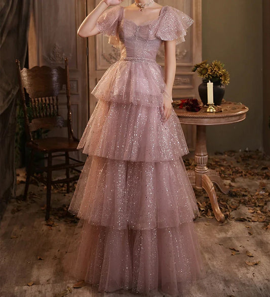 A-line Sparkly Tiered Starry Prom Dress