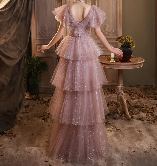 A-line Sparkly Tiered Starry Prom Dress