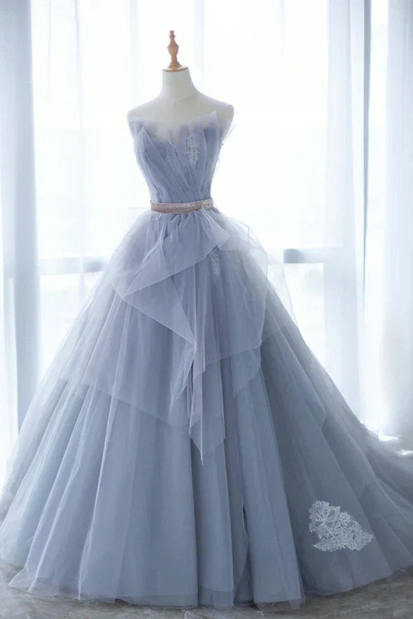 A-line Tulle Off-the-Shoulder Train Prom Dress With Applique