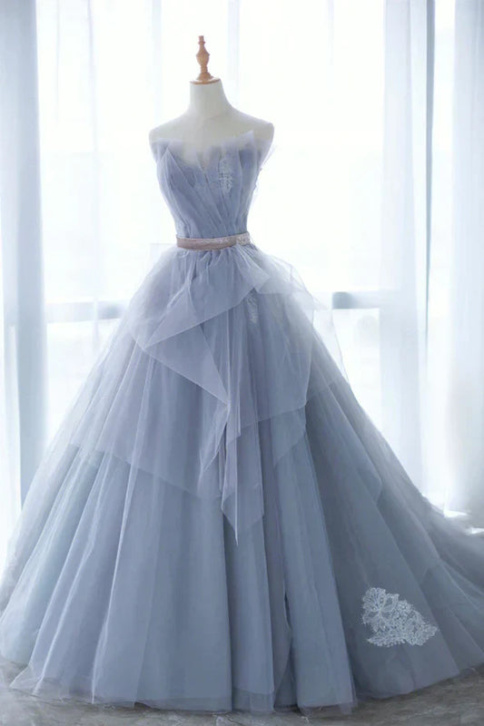 A-line Tulle Off-the-Shoulder Train Prom Dress With Applique