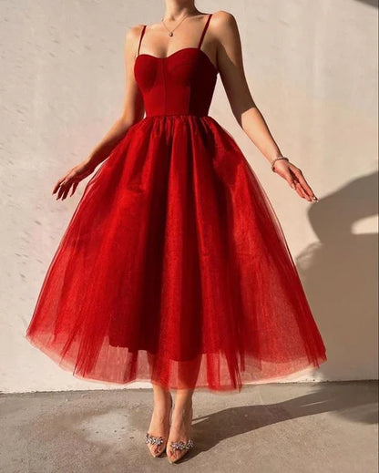 A-line Spaghetti Straps Elegant Tulle Prom Dress Ankle Length