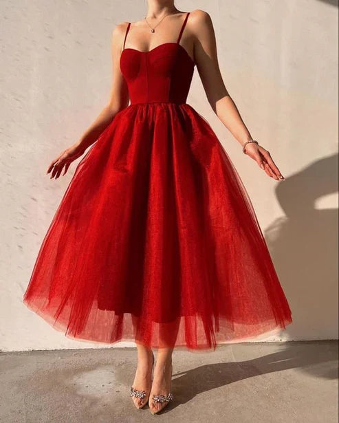 A-line Spaghetti Straps Elegant Tulle Prom Dress Ankle Length