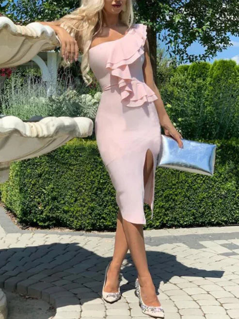 Irregular Ruffle One Shoulder Slit Bodycon Prom Dress