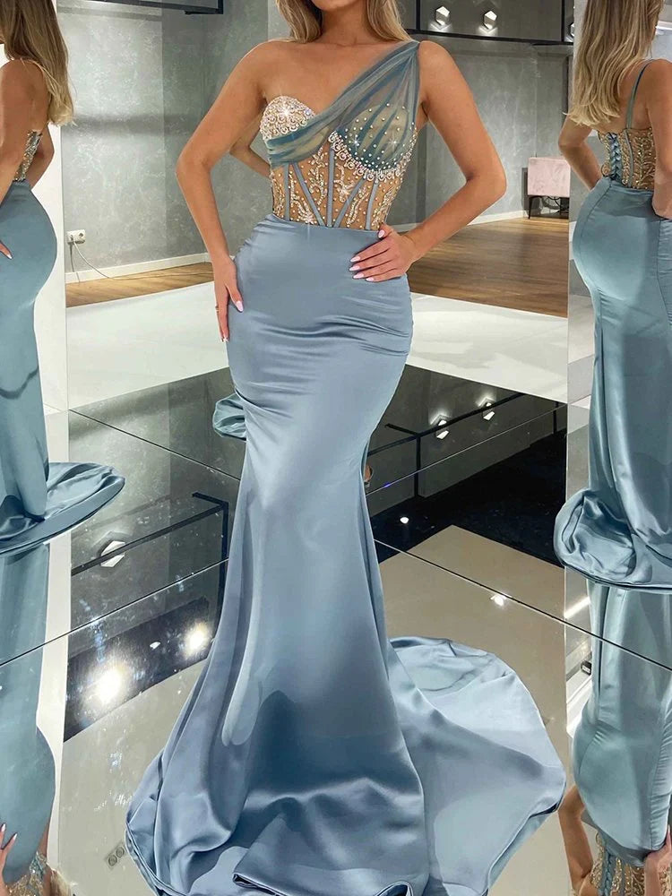 One-Shoulder Asymmetric Sequined Embroidered Prom Dresses