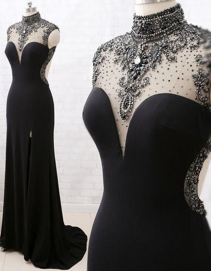 Mermaid High Neck Beaded Prom Dress With Slit