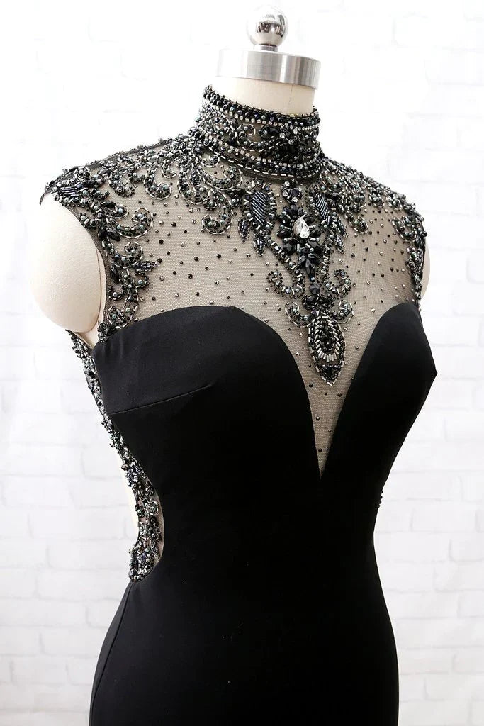 Mermaid High Neck Beaded Prom Dress With Slit
