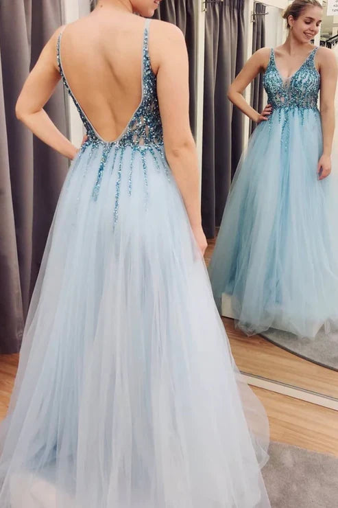 A-line Tulle Backless Prom Dress With Slit